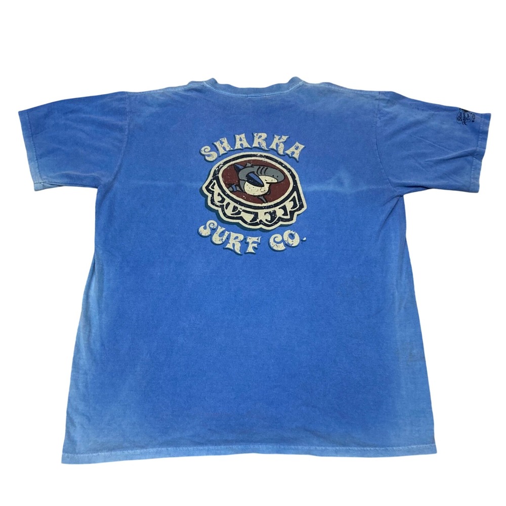 Crazy Shirts Sharka Surf Co Blue Graphic Tee Mens Large Hawaii Cotton T-Shirt